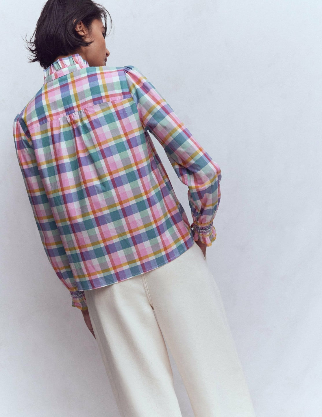 Esme Smocked Detail Frill Top-Multi Check / Boden On sale