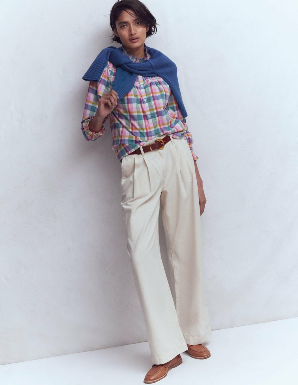 Esme Smocked Detail Frill Top-Multi Check / Boden On sale
