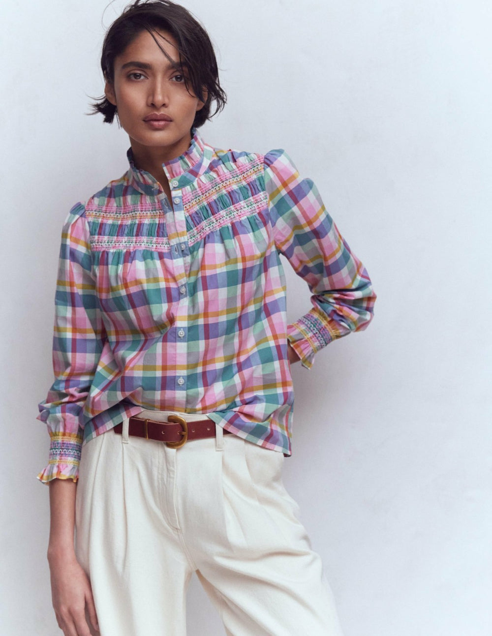 Esme Smocked Detail Frill Top-Multi Check / Boden On sale