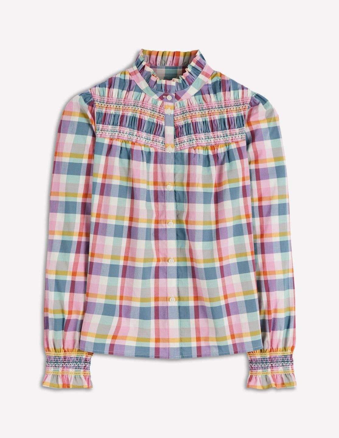 Esme Smocked Detail Frill Top-Multi Check / Boden On sale