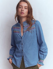 Esme Smocked Denim Frill Top-Light Authentic / Boden us