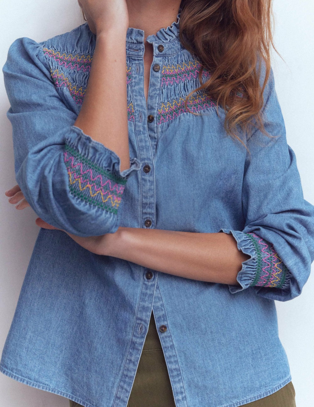 Esme Smocked Denim Frill Top-Light Authentic / Boden us