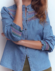 Esme Smocked Denim Frill Top-Light Authentic / Boden us
