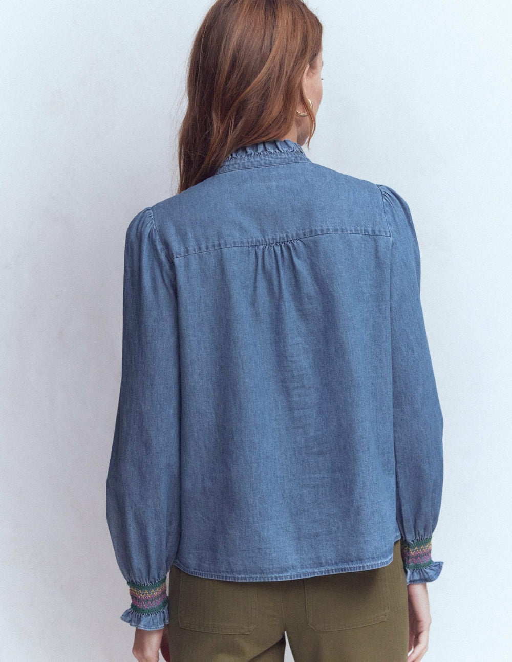 Esme Smocked Denim Frill Top-Light Authentic / Boden us