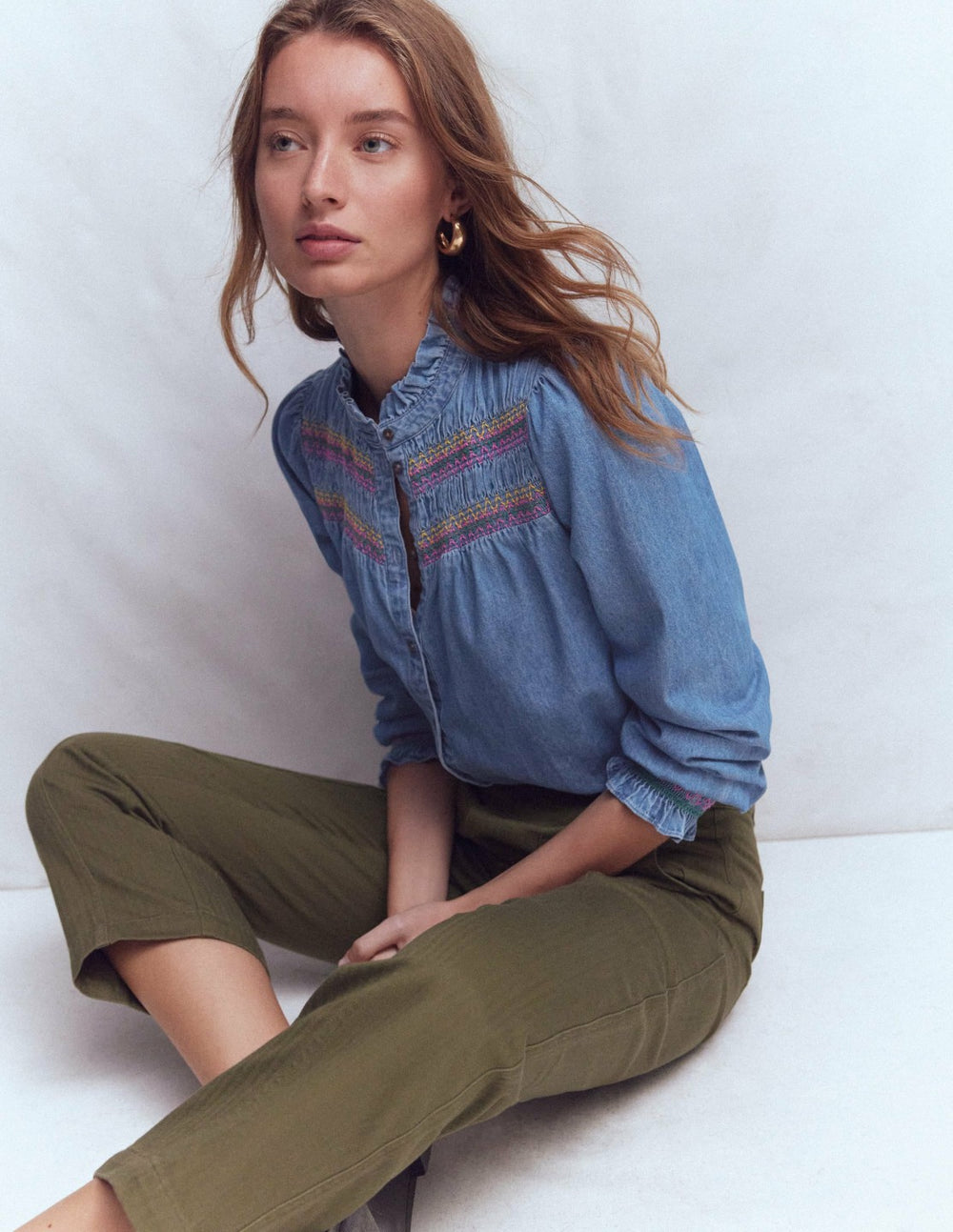Esme Smocked Denim Frill Top-Light Authentic / Boden us