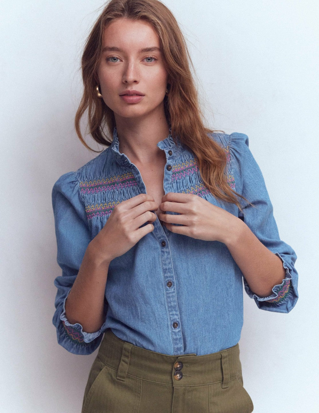 Esme Smocked Denim Frill Top-Light Authentic / Boden us