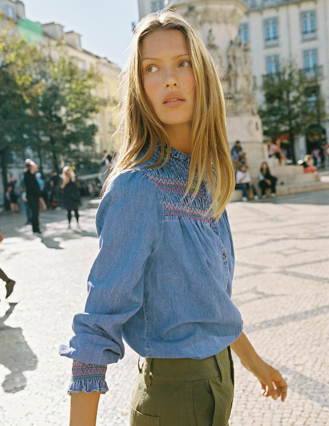 Esme Smocked Denim Frill Top-Light Authentic / Boden us
