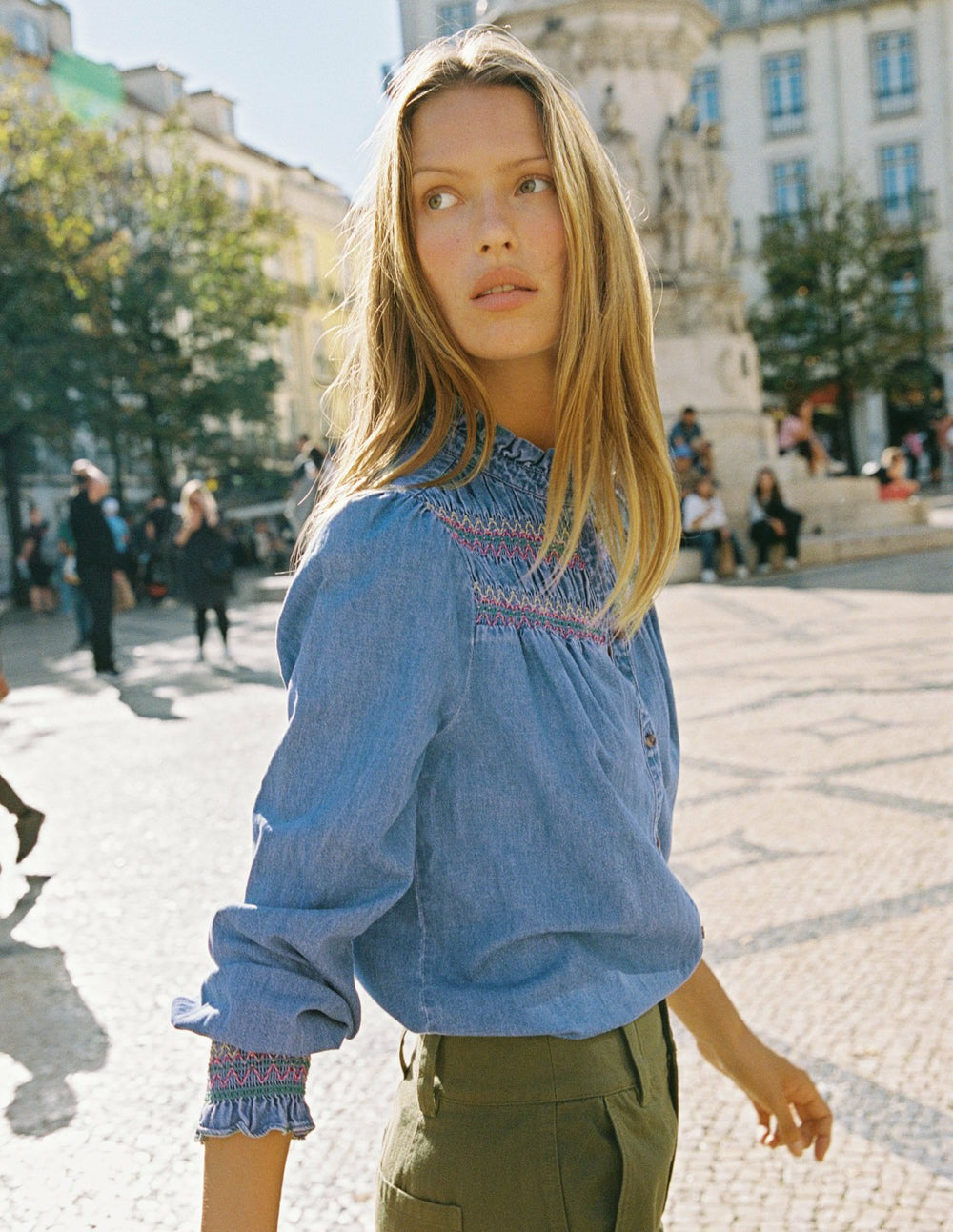 Esme Smocked Denim Frill Top-Light Authentic / Boden us