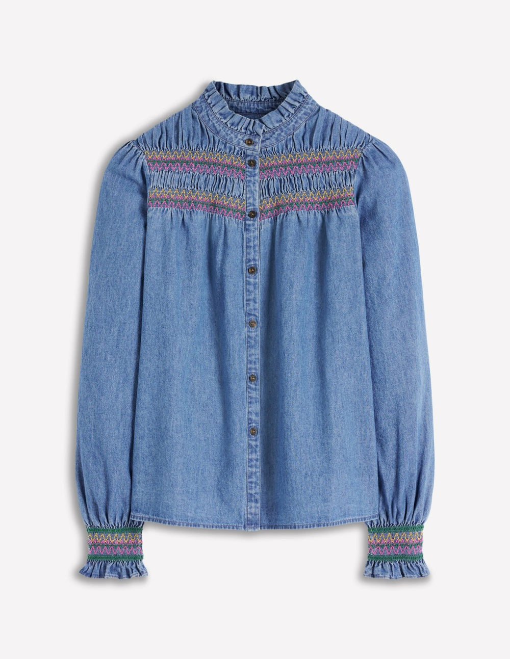 Esme Smocked Denim Frill Top-Light Authentic / Boden us