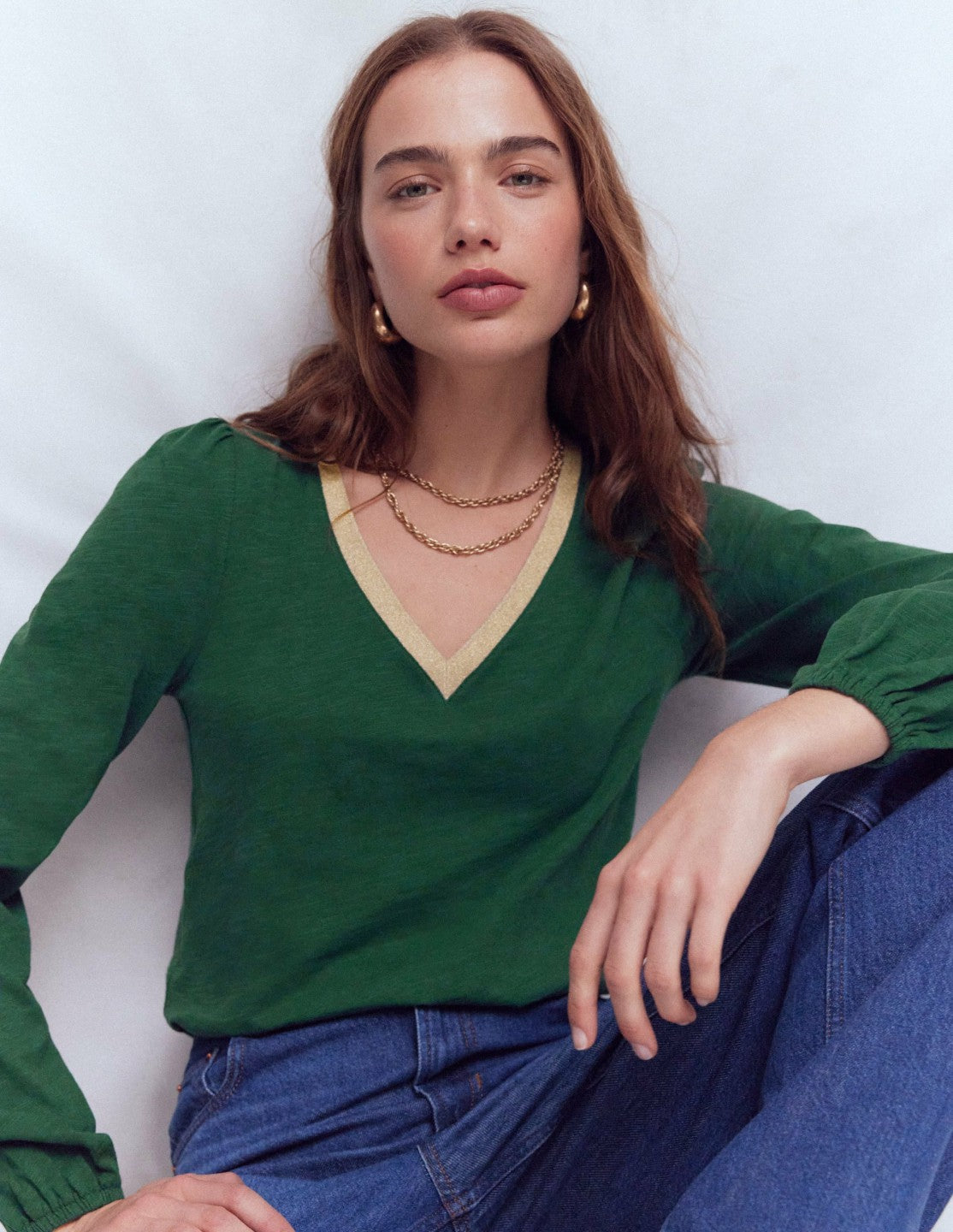 Metallic Trim V-neck Top-Trekking Green / Boden Discount
