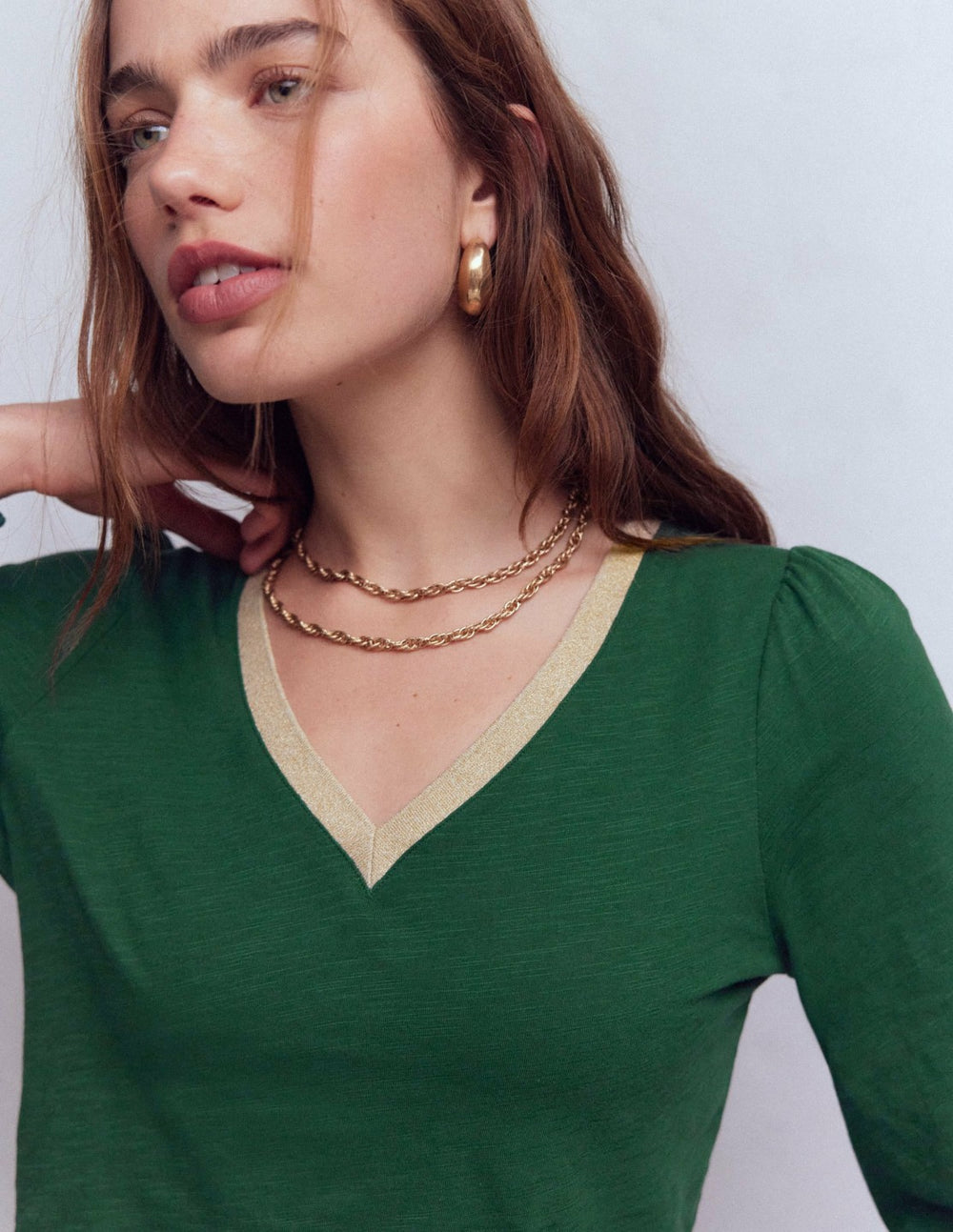 Metallic Trim V-neck Top-Trekking Green / Boden Discount