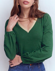 Metallic Trim V-neck Top-Trekking Green / Boden Discount