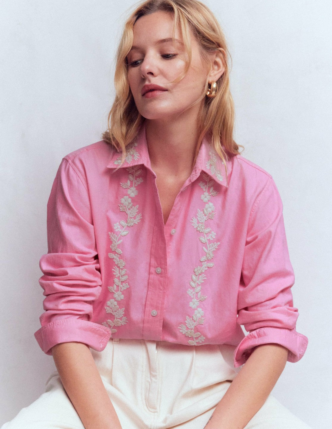 Sadie Relaxed Cotton Shirt-Pink Floral Beaded Oxford / Boden us