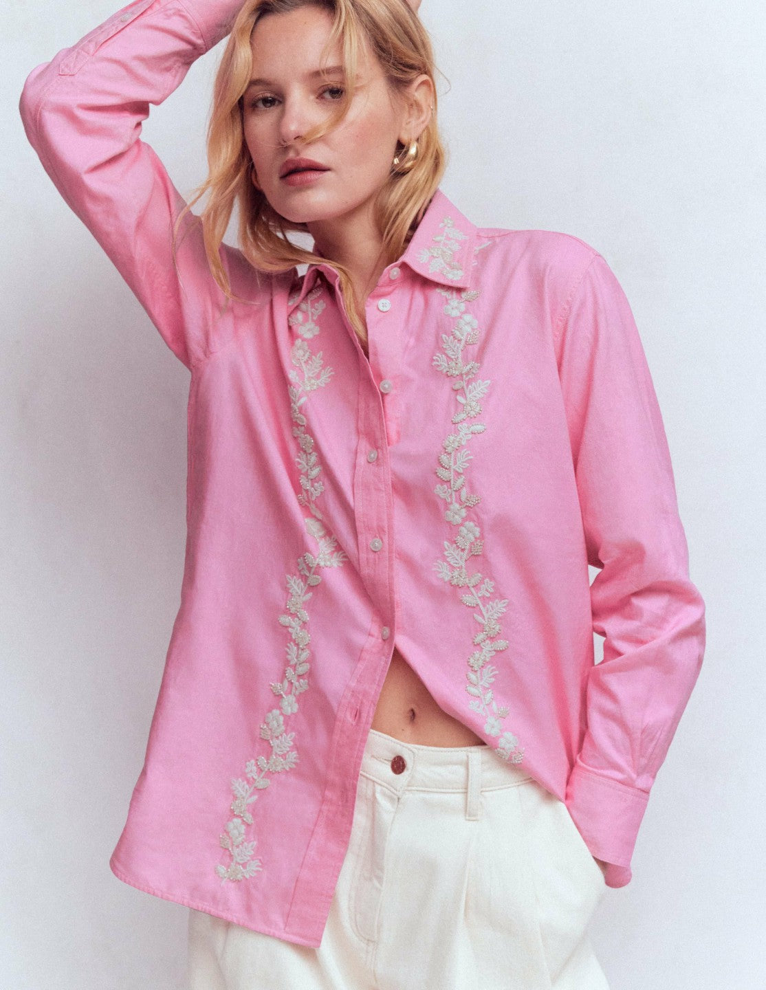 Sadie Relaxed Cotton Shirt-Pink Floral Beaded Oxford / Boden us