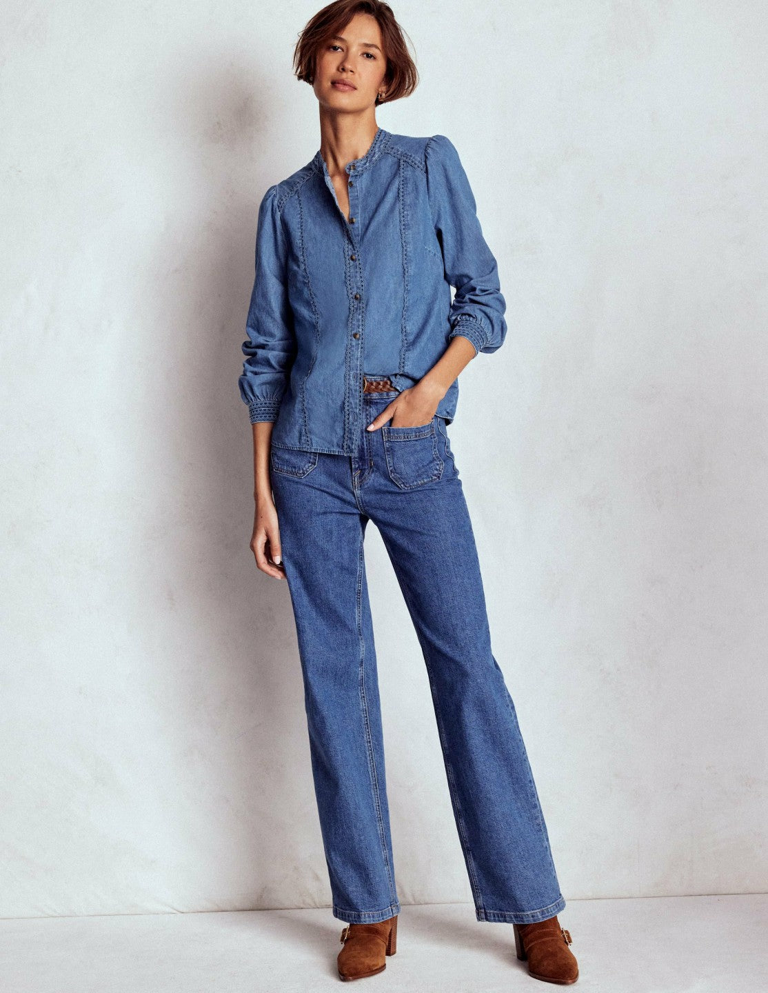 Rhea Trim Insert Denim Top-Light Vintage / Boden