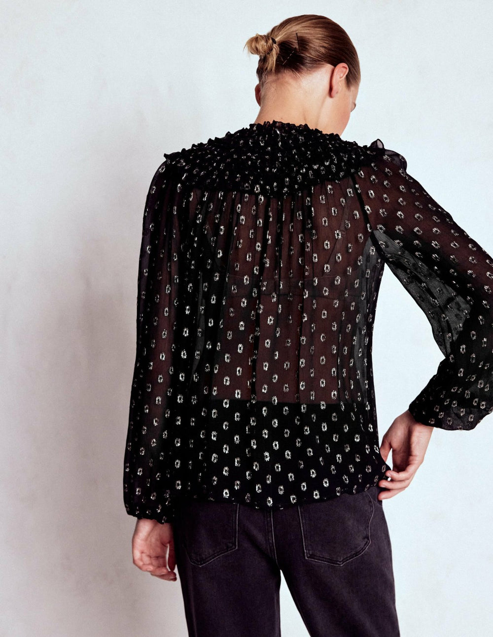 Metallic Ruffle Collar Top-Black, Lurex Clip / Boden Sale