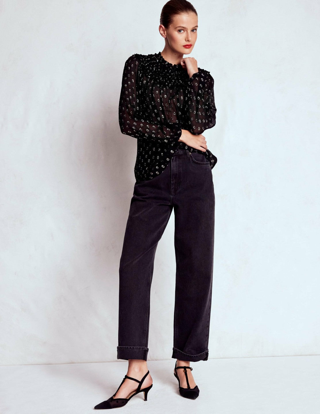 Metallic Ruffle Collar Top-Black, Lurex Clip / Boden Sale