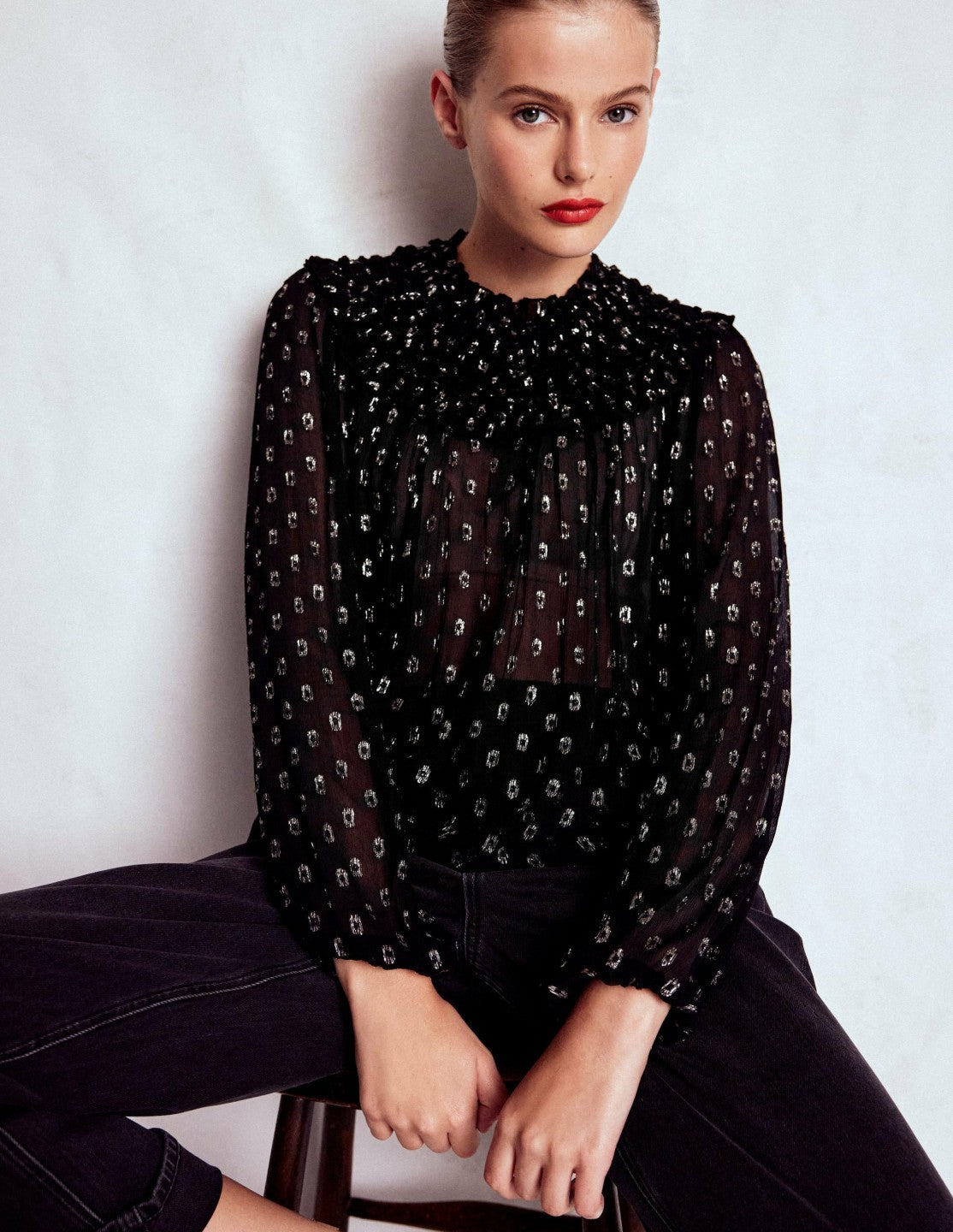 Metallic Ruffle Collar Top-Black, Lurex Clip / Boden Sale