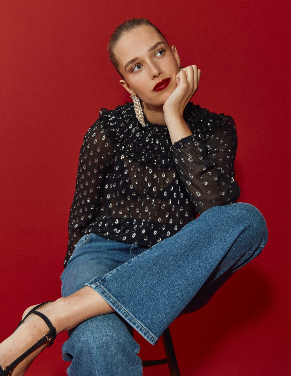 Metallic Ruffle Collar Top-Black, Lurex Clip / Boden Sale
