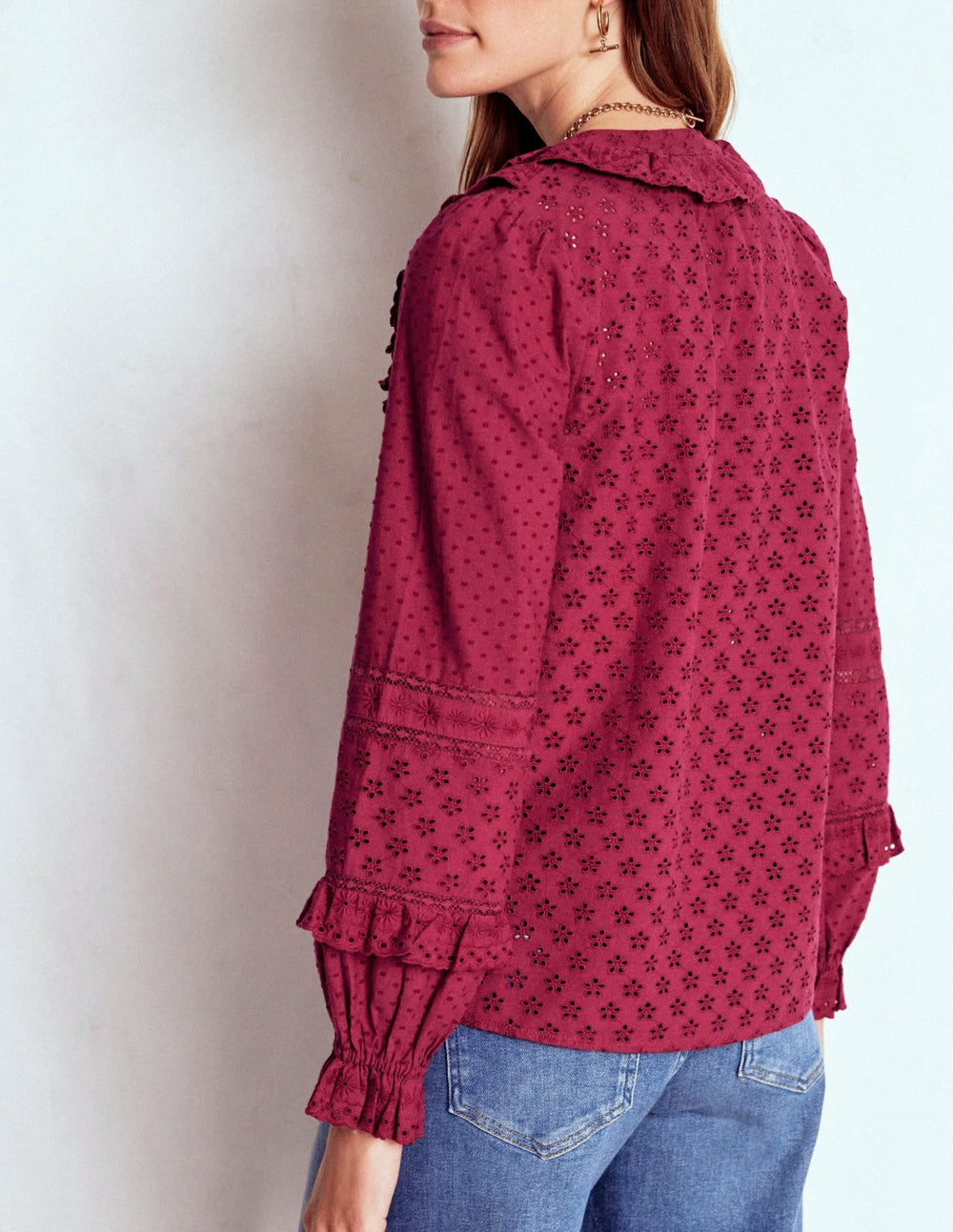 Broderie Ruffle Top-Ruby Red / Boden Online