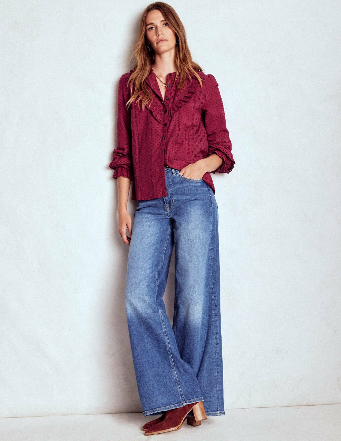 Broderie Ruffle Top-Ruby Red / Boden Online