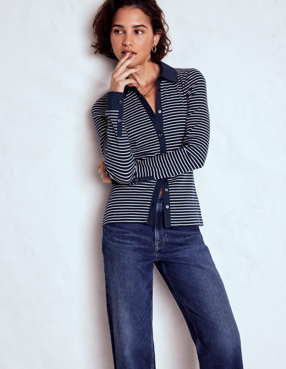 Collared Button Through Top-Navy and Ivory Stripe / Boden Discount