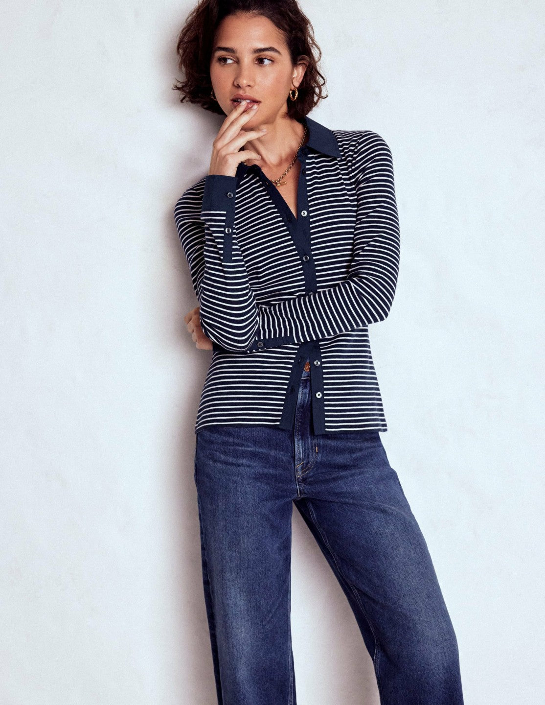 Collared Button Through Top-Navy and Ivory Stripe / Boden Discount