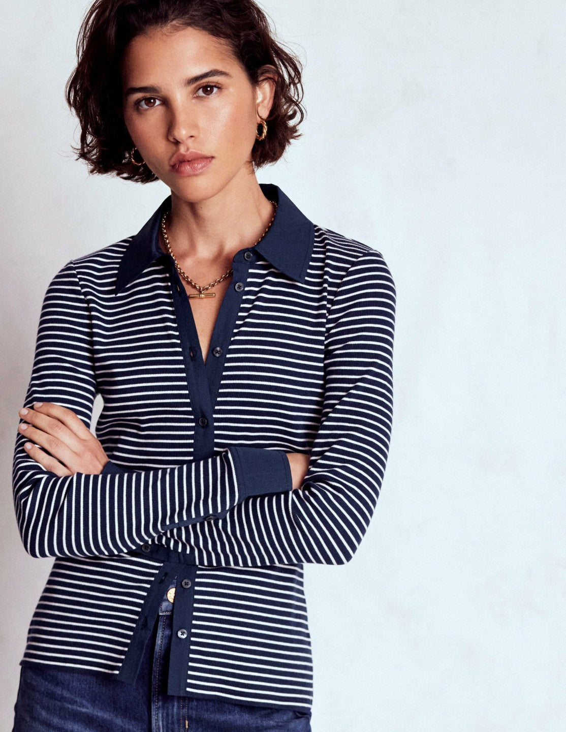 Collared Button Through Top-Navy and Ivory Stripe / Boden Discount