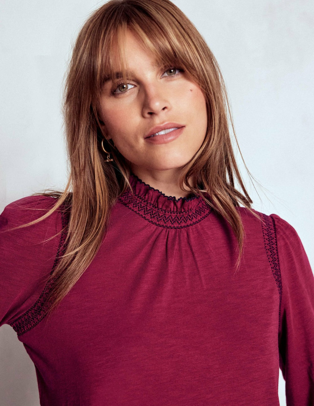 Tia Smocked Neck Jersey Top-Ruby Red / Boden On sale