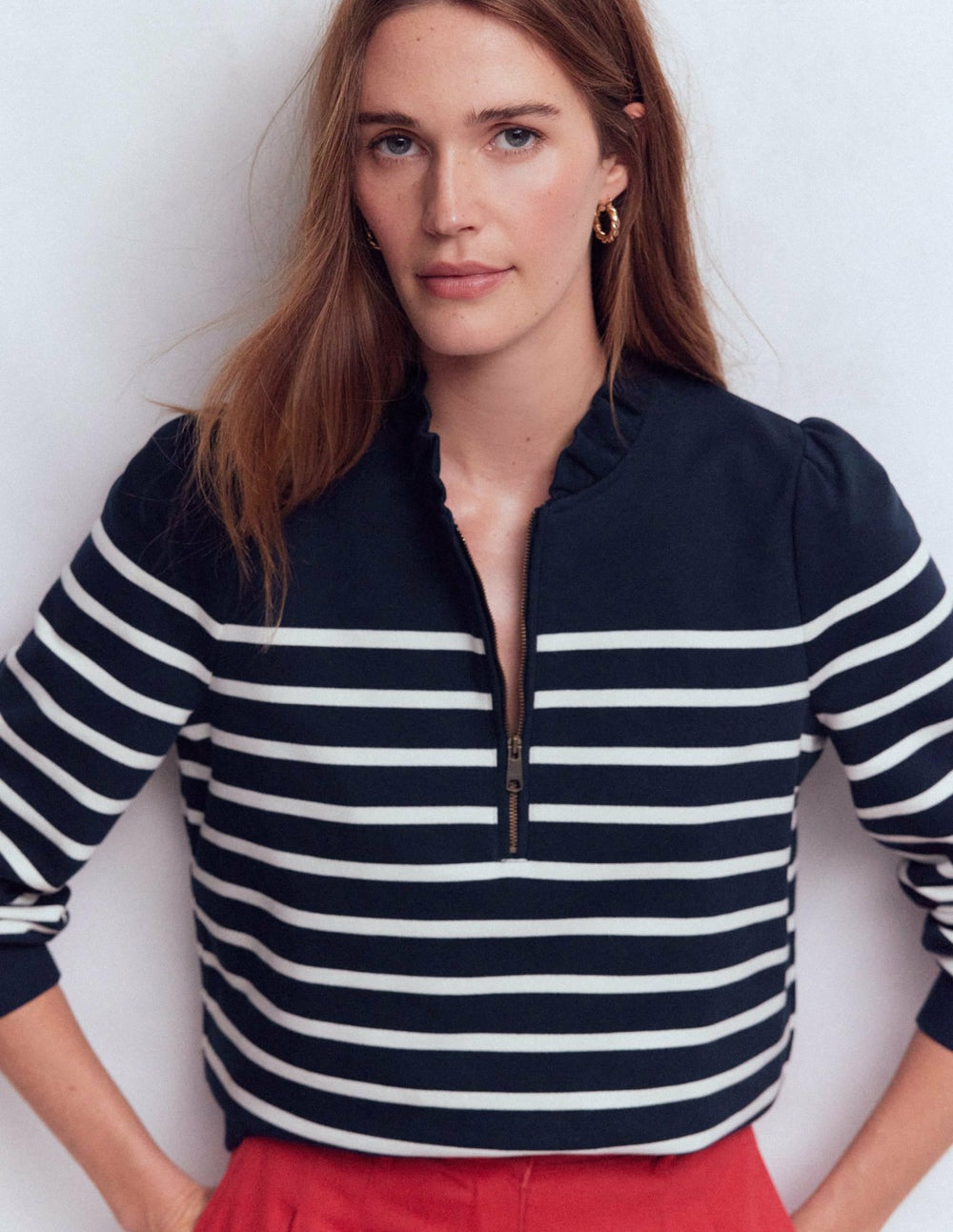Half-Zip Frill Sweatshirt-Placement Stripe / Boden Sale