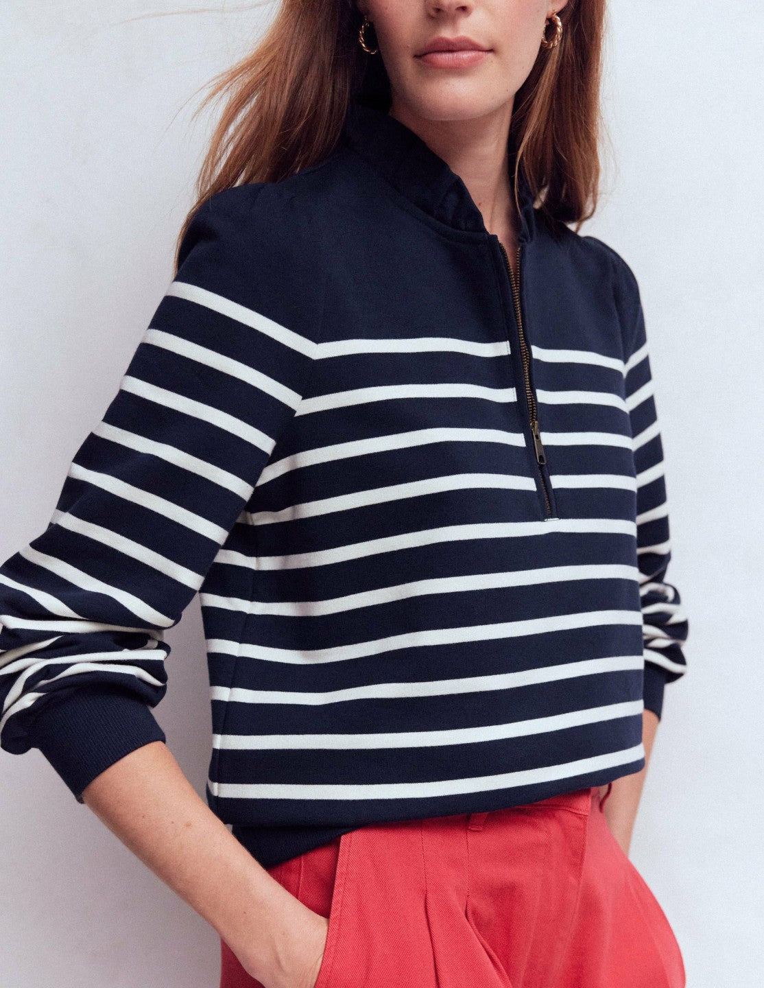 Half-Zip Frill Sweatshirt-Placement Stripe / Boden Sale