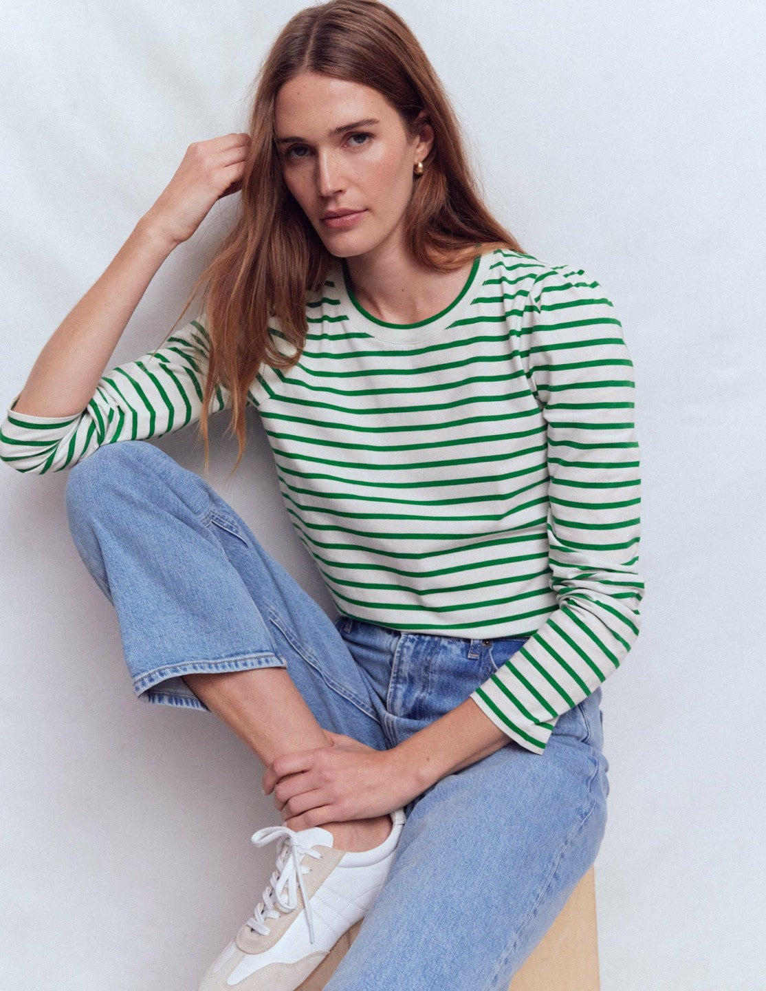Pleat Sleeve Stripe Top-Jewel Green and Ivory Stripe / Boden Discount
