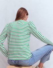 Pleat Sleeve Stripe Top-Jewel Green and Ivory Stripe / Boden Discount