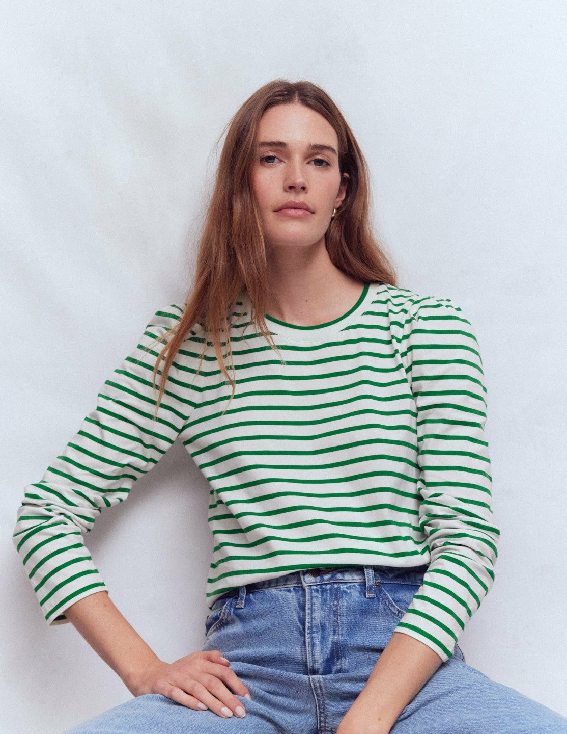 Pleat Sleeve Stripe Top-Jewel Green and Ivory Stripe / Boden Discount