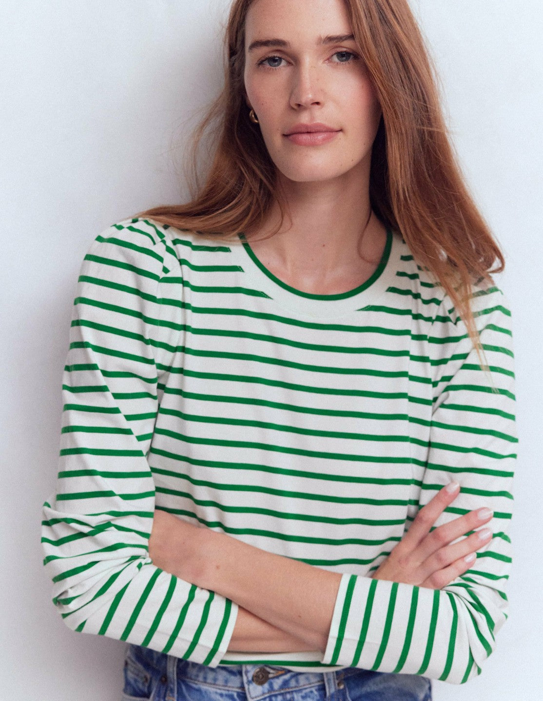 Pleat Sleeve Stripe Top-Jewel Green and Ivory Stripe / Boden Discount