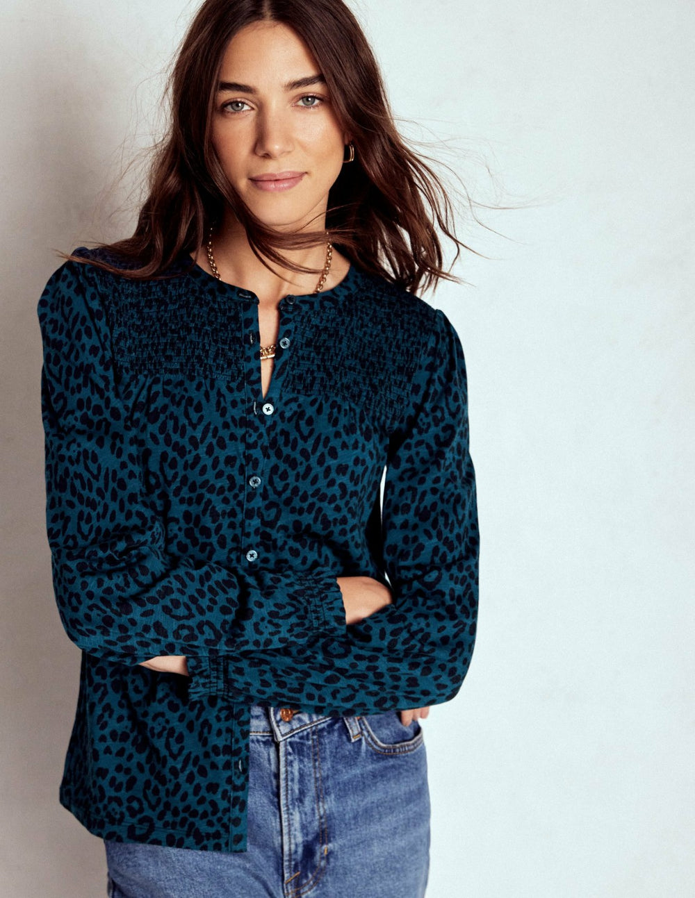 Elsa Smocked Yoke Jersey Shirt-Teal Leopard / Boden On sale