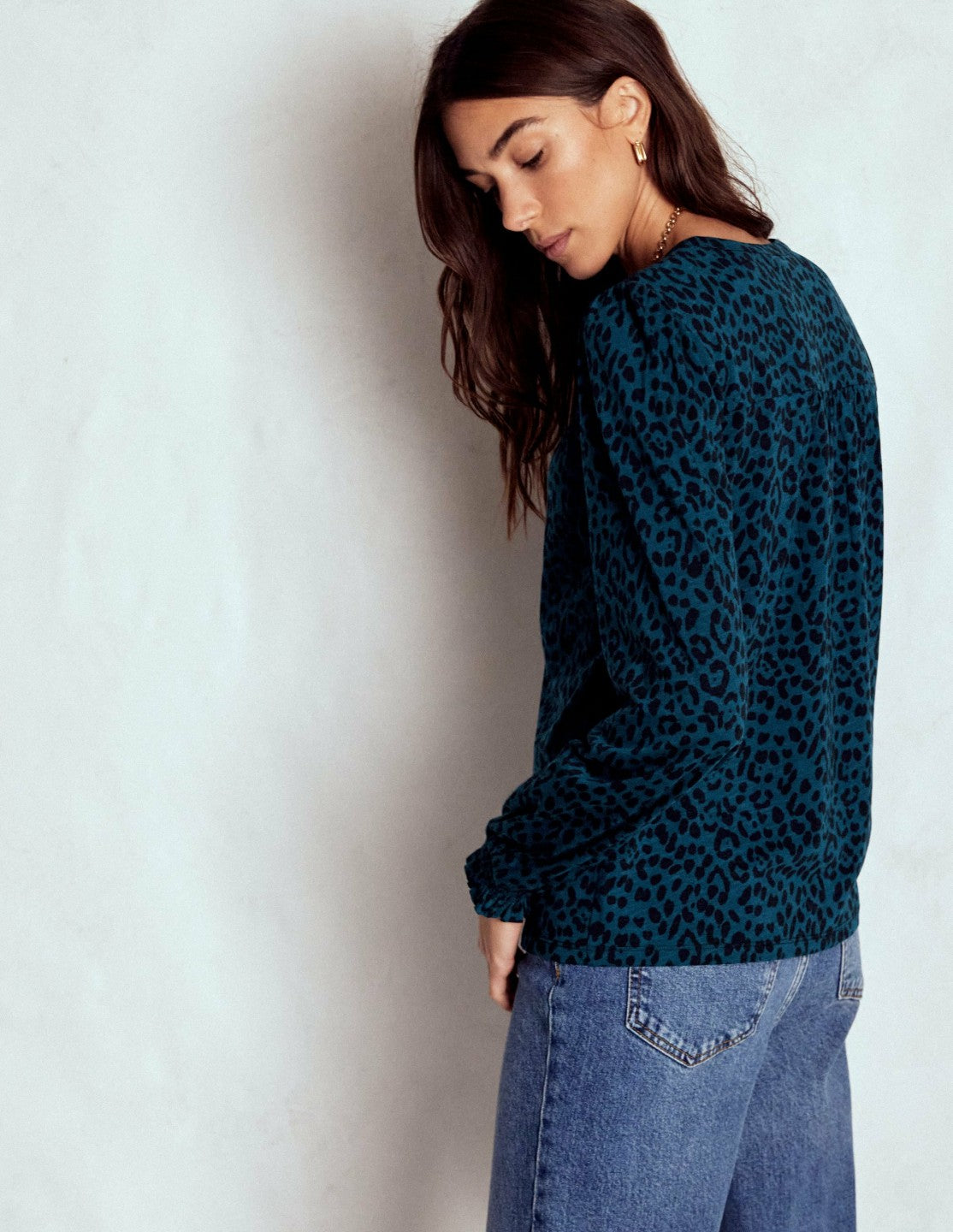 Elsa Smocked Yoke Jersey Shirt-Teal Leopard / Boden On sale