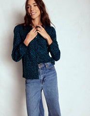 Elsa Smocked Yoke Jersey Shirt-Teal Leopard / Boden On sale
