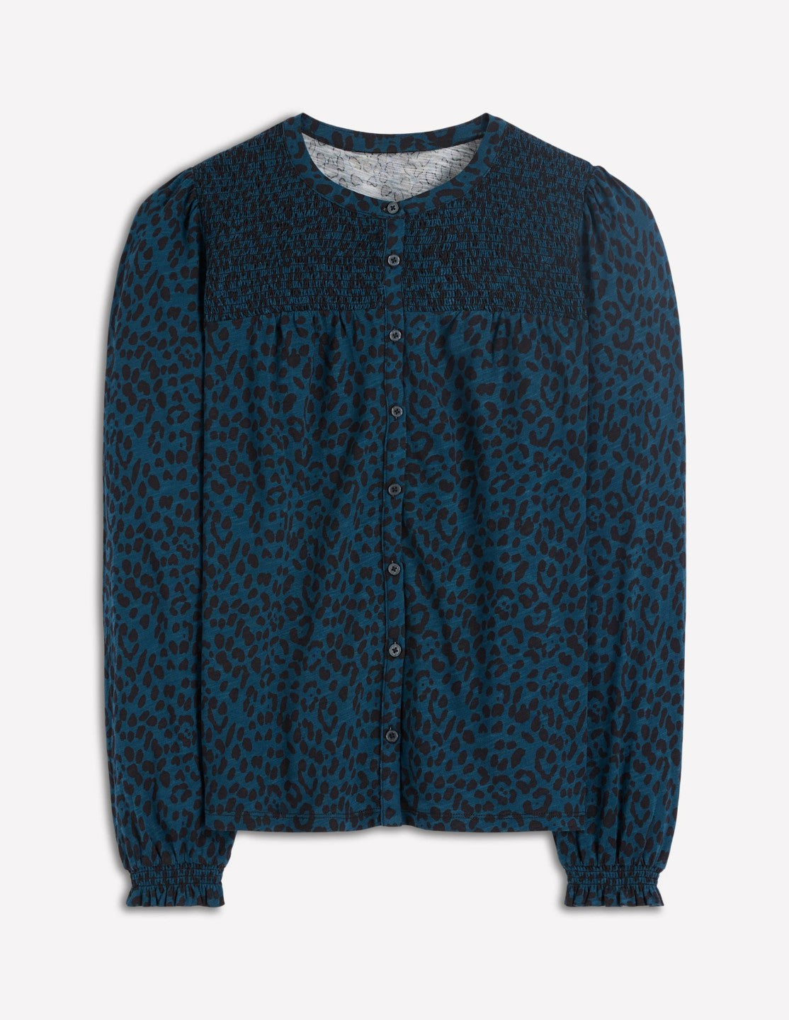 Elsa Smocked Yoke Jersey Shirt-Teal Leopard / Boden On sale