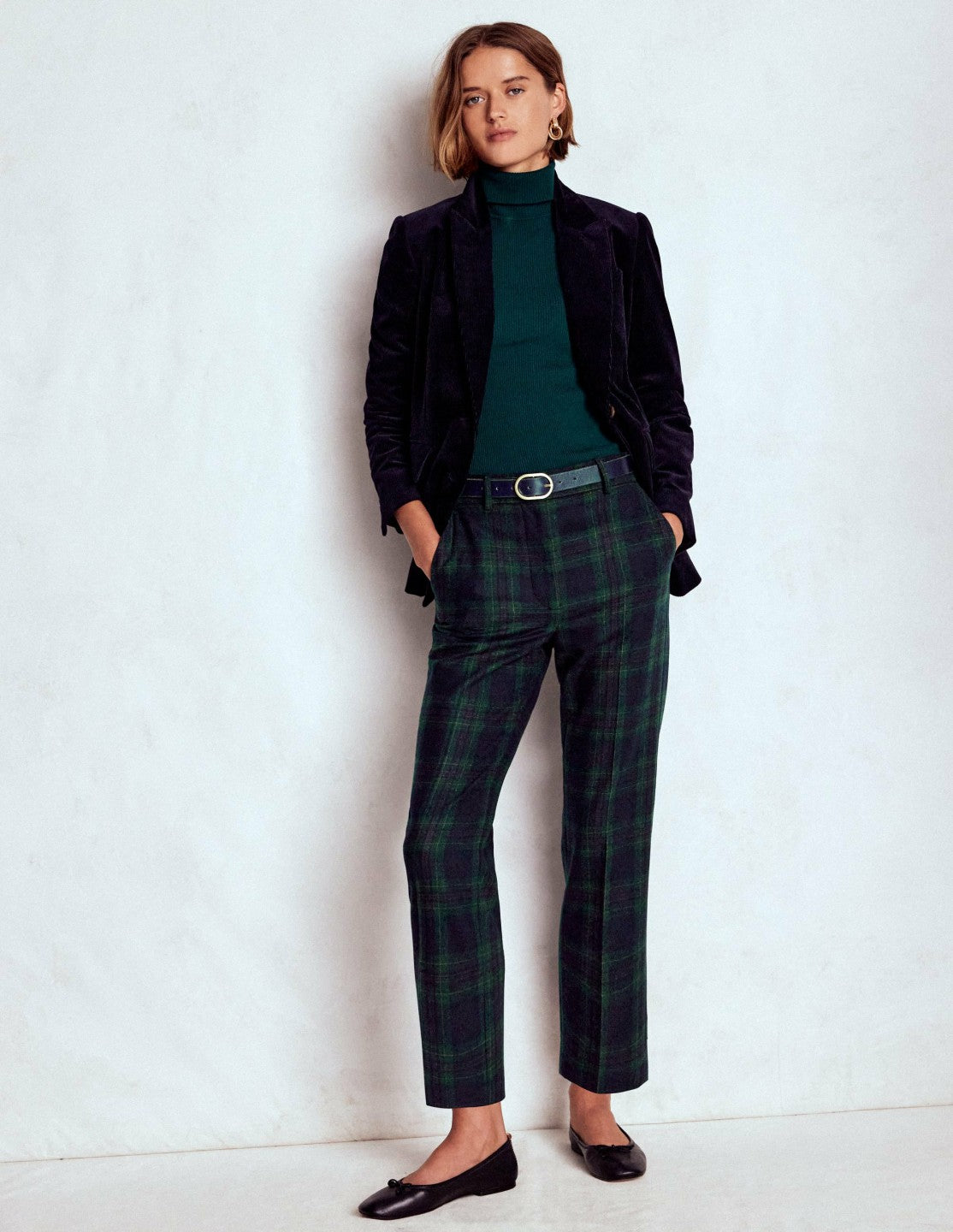 Canonbury Wool Pants-Navy and Green Tonal Check / Boden Discount