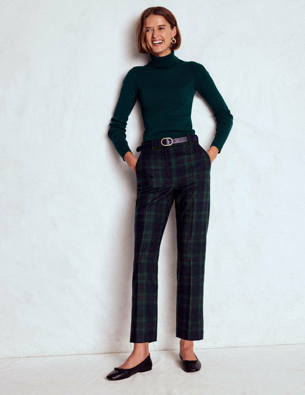 Canonbury Wool Pants-Navy and Green Tonal Check / Boden Discount