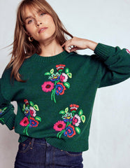 Natalie Embroidered Sweater-Emerald Night Bouquet / Boden
