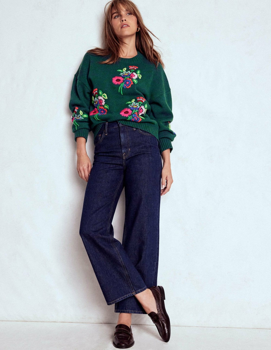 Natalie Embroidered Sweater-Emerald Night Bouquet / Boden