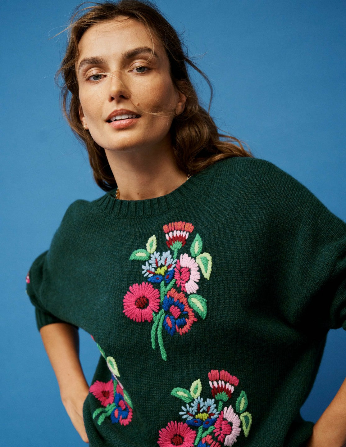 Natalie Embroidered Sweater-Emerald Night Bouquet / Boden