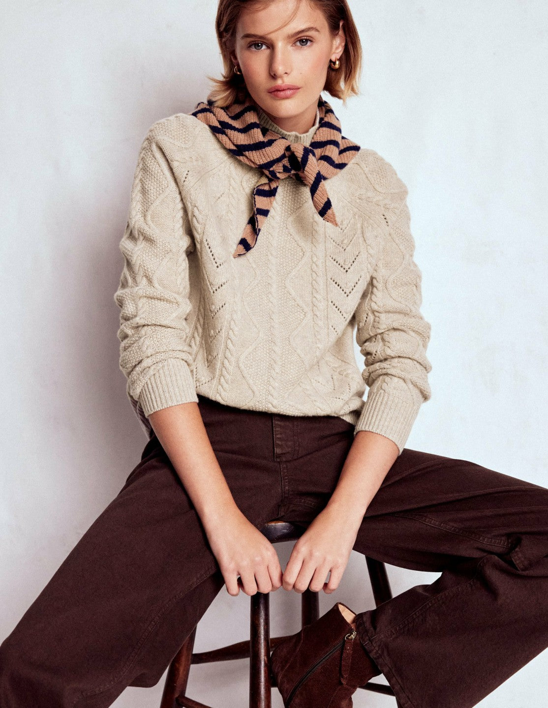 Marion Merino Rib Neck Sweater-Barley Cable / Boden Online