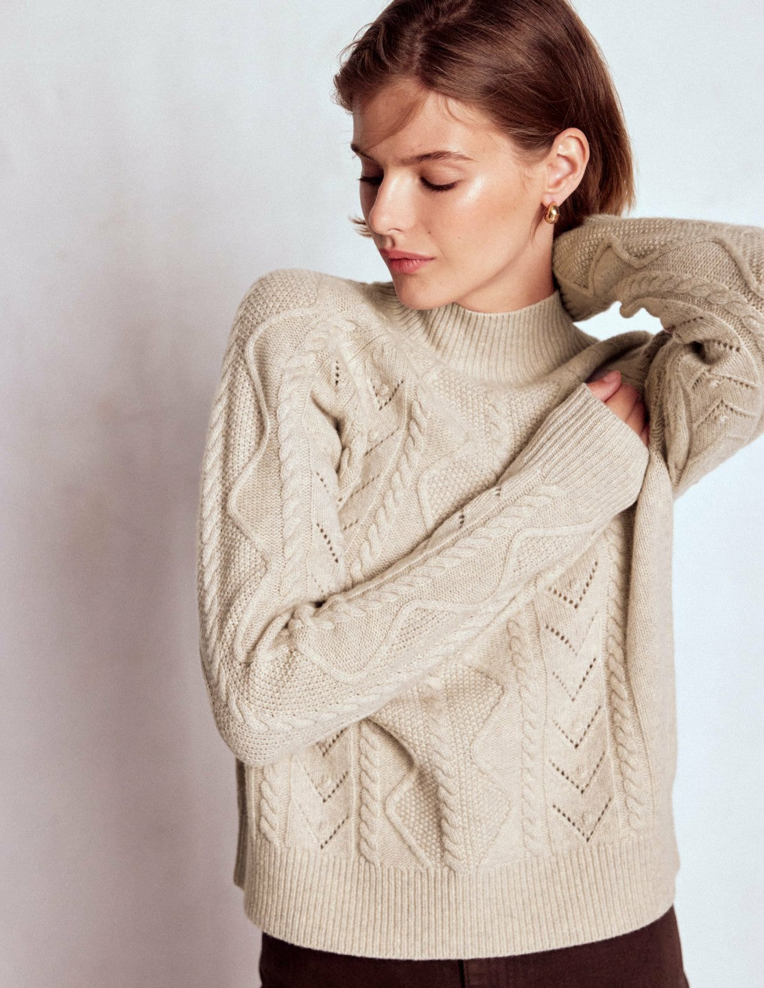 Marion Merino Rib Neck Sweater-Barley Cable / Boden Online