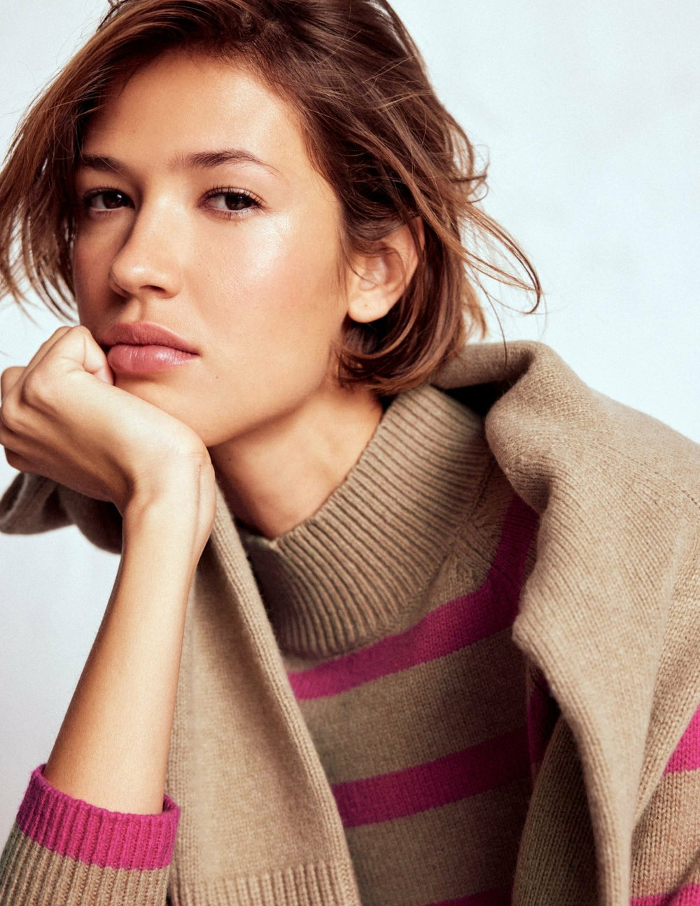Marion Merino Rib Neck Sweater-Camel, Brilliant Pink Stripe / Boden Outlet