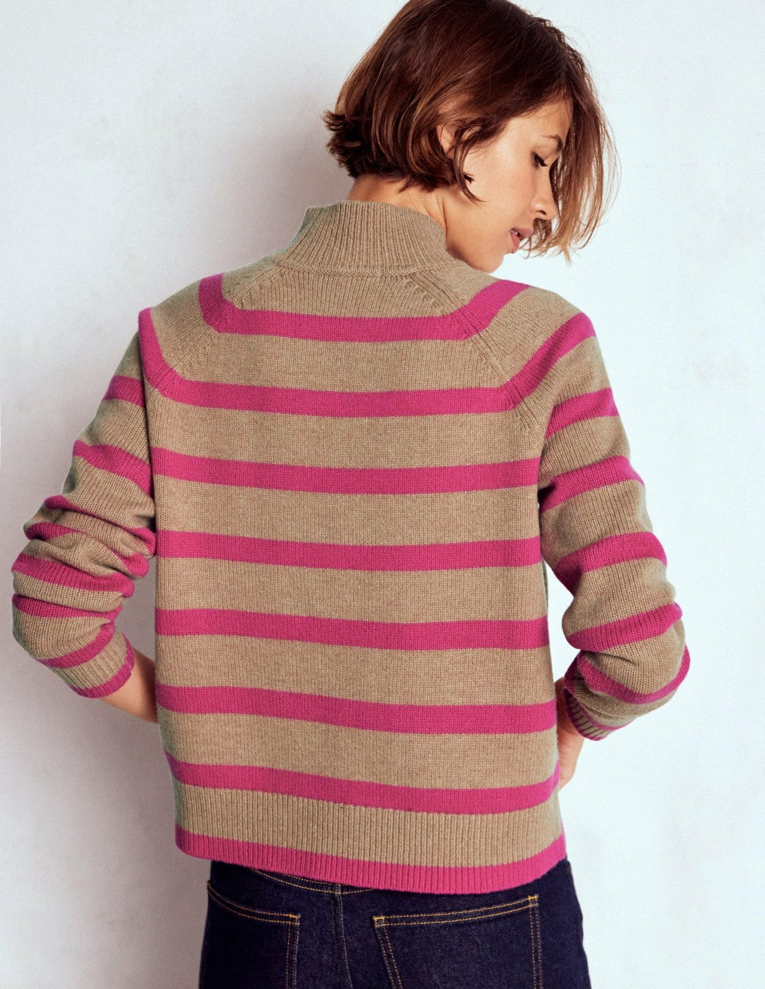 Marion Merino Rib Neck Sweater-Camel, Brilliant Pink Stripe / Boden Outlet