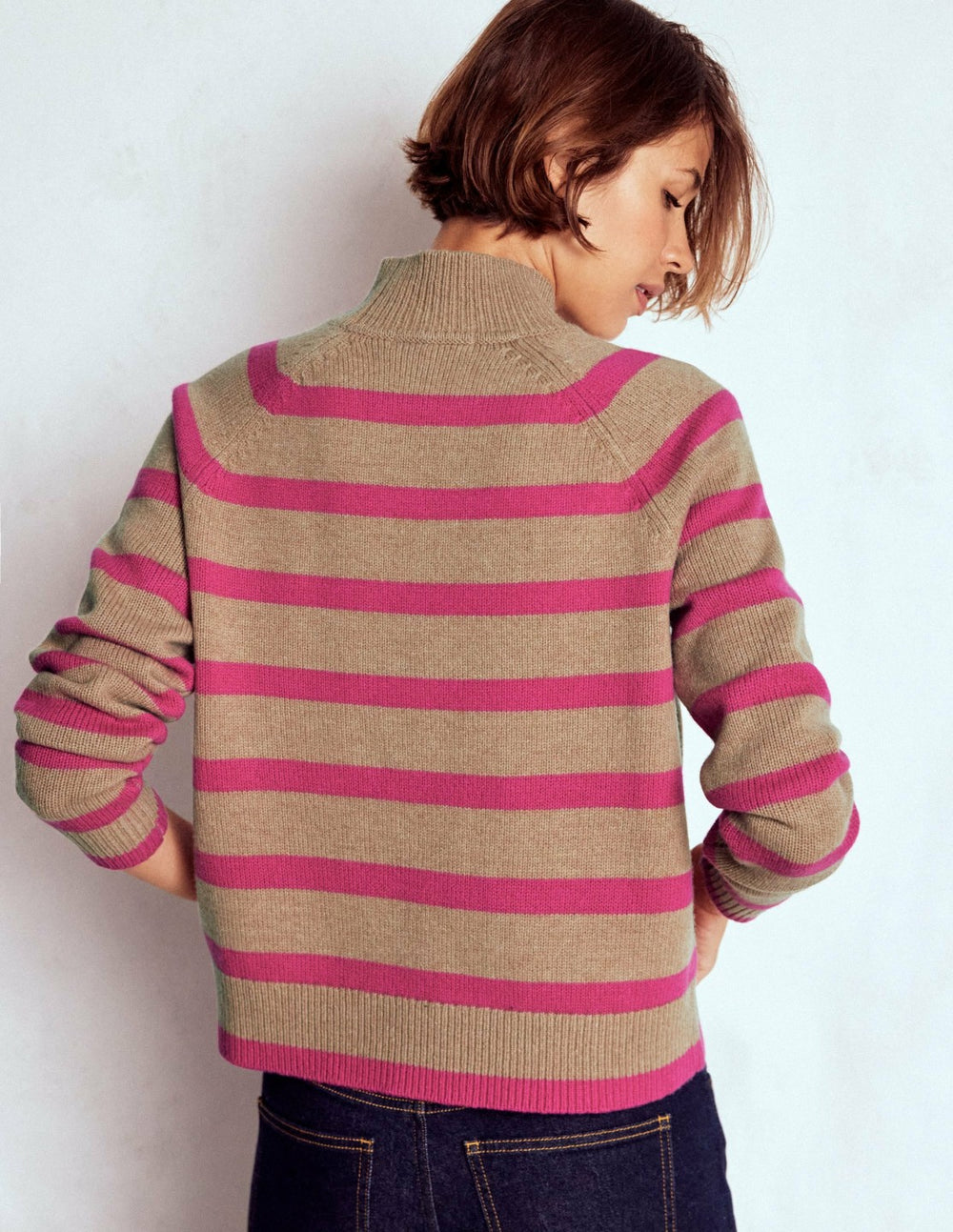 Marion Merino Rib Neck Sweater-Camel, Brilliant Pink Stripe / Boden Outlet