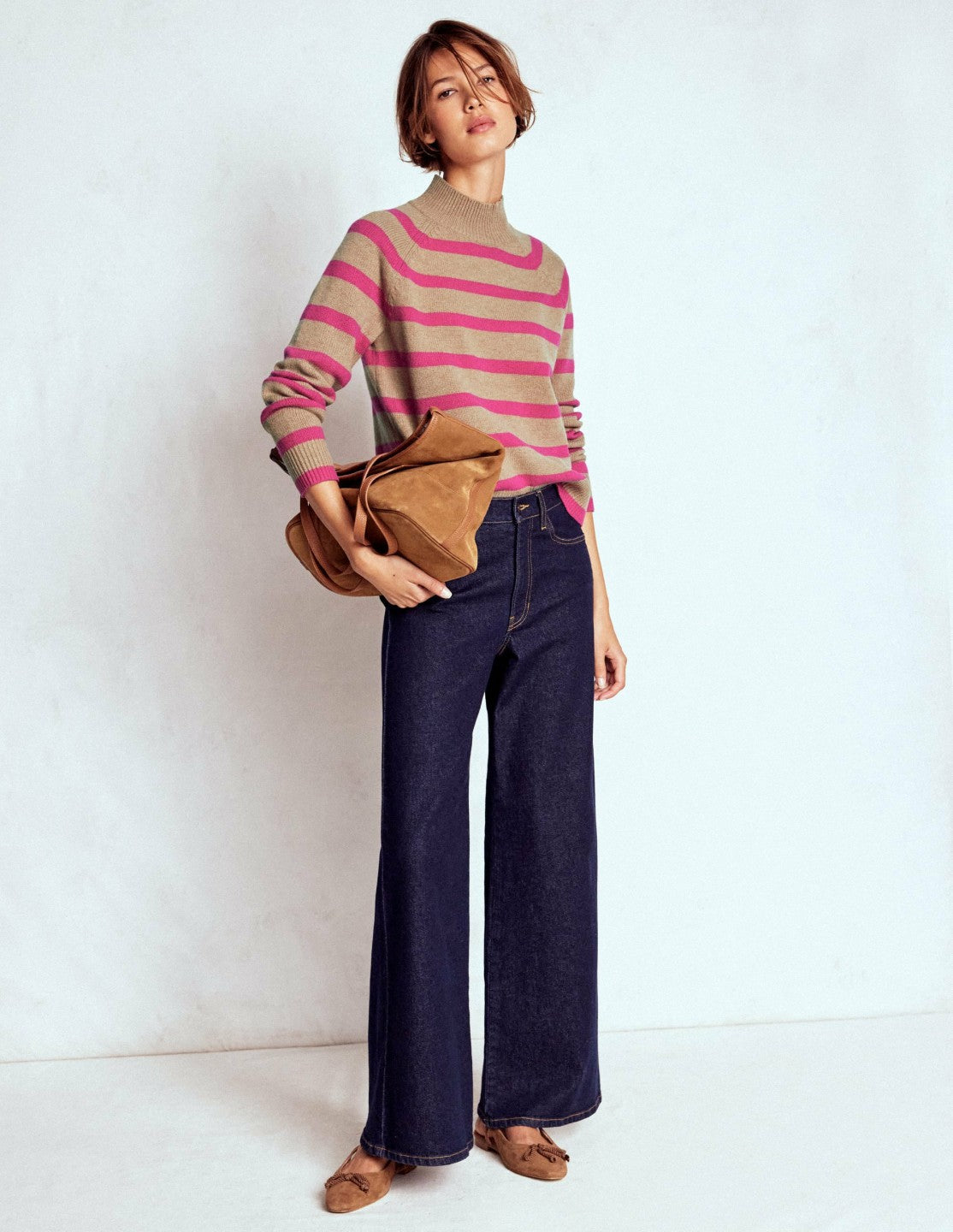 Marion Merino Rib Neck Sweater-Camel, Brilliant Pink Stripe / Boden Outlet